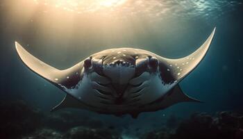 majestueus onderwater- fantasie reusachtig reptiel met tanden in uitgestorven zee gegenereerd door ai foto