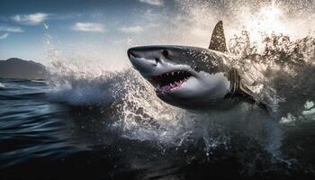 majestueus dolfijn jumping in de blauw zee, spatten water overal gegenereerd door ai foto