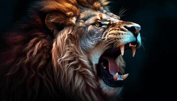 majestueus leeuw brullen met woede, tonen scherp tanden en bakkebaarden gegenereerd door ai foto