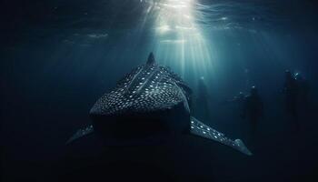 majestueus manta straal zwemt in rustig, mysterieus onderwater- zeegezicht gegenereerd door ai foto