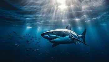 majestueus reusachtig manta straal zwemmen in diep blauw zout water rif gegenereerd door ai foto