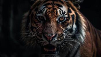 dichtbij omhoog portret van majestueus Bengalen tijger staren fel buitenshuis gegenereerd door ai foto