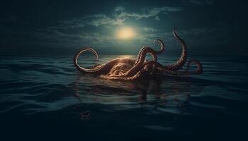 diep onderwater- mysterie een spookachtig zeegezicht met gevaarlijk tentakels gegenereerd door ai foto