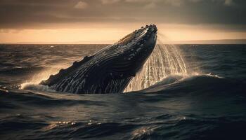 gebochelde walvis staart spatten in de blauw zee Bij zonsondergang gegenereerd door ai foto