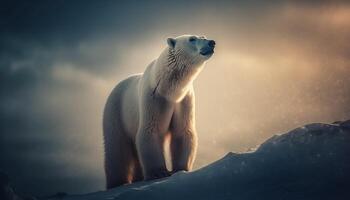 majestueus arctisch zoogdier staand Aan ijs ijsschots in rustig zonsondergang gegenereerd door ai foto