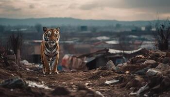 majestueus Bengalen tijger wandelen in de wild, schuilplaats in gras gegenereerd door ai foto