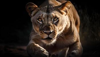 majestueus leeuwin staren Bij camera in Afrikaanse wildernis, gestreept schoonheid gegenereerd door ai foto