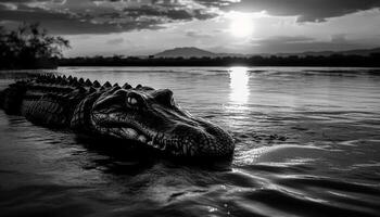 groot krokodil resting in donker moeras, tanden glinsterend in zonlicht gegenereerd door ai foto