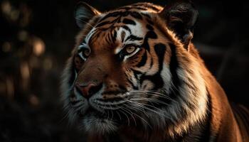 mooi Bengalen tijger staren fel, bakkebaarden spiertrekkingen in rustig Woud gegenereerd door ai foto