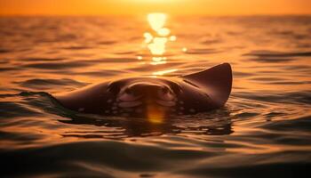 een zoogdier zwemmen in rustig zee Bij zonsondergang, reflecterend schoonheid gegenereerd door ai foto