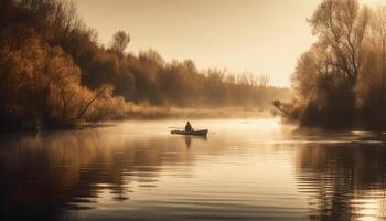 silhouet van mannen peddelen roeiboot in rustig herfst vijver gegenereerd door ai foto