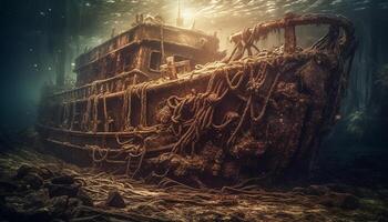 roestig schipbreuk verlaten onderwater, een zeegezicht van gebroken metaal ruïnes gegenereerd door ai foto