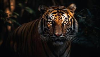 Bengalen tijger staren, dichtbij omhoog portret van majestueus groot kat gegenereerd door ai foto