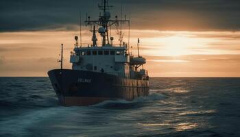 rustig zeegezicht, zonsondergang silhouet, industrieel schip, staal apparatuur, vredig reis gegenereerd door ai foto