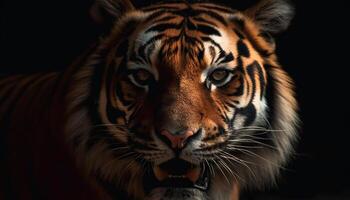 majestueus tijger staren fel met gestreept vacht in tropisch Woud gegenereerd door ai foto