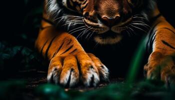 gevlekte Bengalen tijger aan het liegen omlaag, staren met majestueus dier oog gegenereerd door ai foto