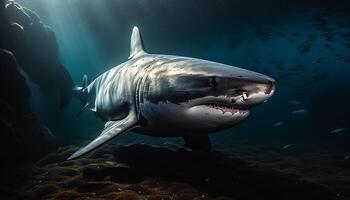 majestueus reusachtig zoogdier duiken in diep blauw tropisch zeegezicht gegenereerd door ai foto