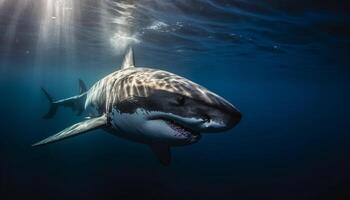 majestueus reusachtig zoogdier duiken in diep blauw zout water, tanden blootgesteld gegenereerd door ai foto