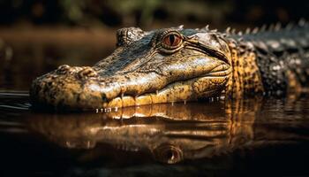 dichtbij omhoog van krokodil tanden in wetland, reflecterend tropisch klimaat gegenereerd door ai foto