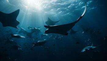 majestueus manta straal zwemmen hieronder een school- van vis gegenereerd door ai foto