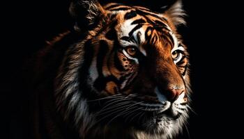 dichtbij omhoog portret van majestueus Bengalen tijger staren met agressie gegenereerd door ai foto