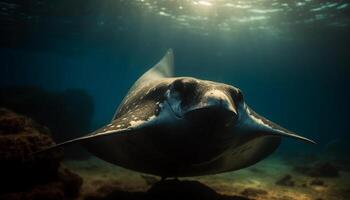 majestueus manta straal zwemmen in diep blauw tropisch wateren gegenereerd door ai foto