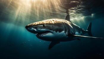 majestueus reusachtig vis met scherp tanden in diep blauw rif gegenereerd door ai foto