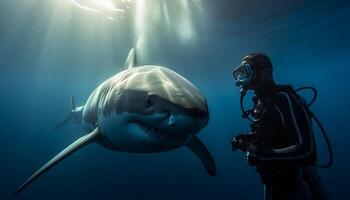 een persoon duiken in diep blauw zee, ontmoeting met groot rif gegenereerd door ai foto
