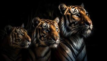 majestueus bedreigd Bengalen tijger staren met agressie in tropisch regenwoud gegenereerd door ai foto