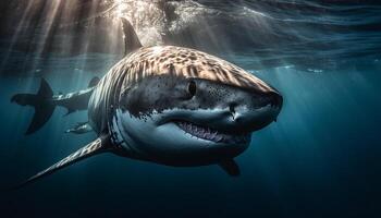 majestueus reusachtig walvis haai zwemmen in blauw zout water rif gegenereerd door ai foto
