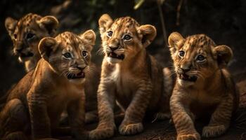 bedreigd leeuw welp staren Bij camera in Afrikaanse grasland gegenereerd door ai foto