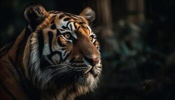 majestueus Bengalen tijger staren met agressie, focus Aan voorgrond schoonheid gegenereerd door ai foto