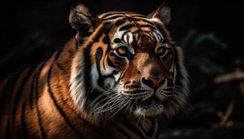 dichtbij omhoog portret van majestueus Bengalen tijger staren met intens agressie gegenereerd door ai foto