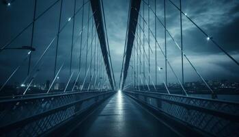 modern staal brug verlicht stad horizon Bij schemering, reflecterend water gegenereerd door ai foto