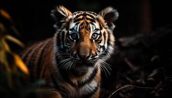 Bengalen tijger staren, Gevaar in haar oog, schoonheid in natuur gegenereerd door ai foto