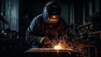 mannen in beschermend werkkleding lassen metaal met expertise in staal industrie gegenereerd door ai foto