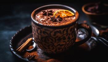 heet chocola met schuimig room Aan rustiek houten tafel achtergrond gegenereerd door ai foto