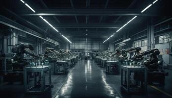 robot arm opdrachten in futuristische metaal industrie fabriek magazijn gegenereerd door ai foto