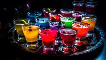 nachtleven viering met multi gekleurde cocktails, verfrissend whisky en tequila schoten gegenereerd door ai foto