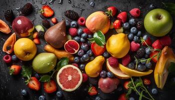 levendig verzameling van rijp BES fruit Aan houten tafel gegenereerd door ai foto