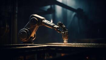 robot arm in futuristische fabriek automatiseert metaal productie lijn gegenereerd door ai foto