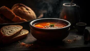 rustiek eigengemaakt soep, een gezond vegetarisch maaltijd Aan houten tafel gegenereerd door ai foto