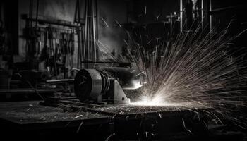 metaal werkplaats mannen werken met industrieel apparatuur, lassen en snijdend metaal gegenereerd door ai foto