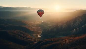 mannen vliegend midden lucht in heet lucht ballon over- berg top gegenereerd door ai foto