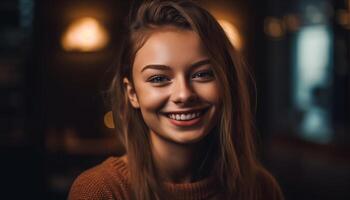 mooi jong vrouw met toothy glimlach op zoek Bij camera binnenshuis gegenereerd door ai foto