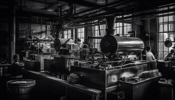 metalen machinerie in een glimmend staal fabriek produceren vloeistof alcohol gegenereerd door ai foto