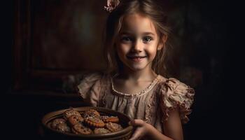 schattig Kaukasisch meisje lachend, genieten van eigengemaakt toetje Bij keuken tafel gegenereerd door ai foto