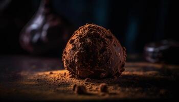 donker chocola truffel bal Aan rustiek houten tafel, fijnproever toegeeflijkheid gegenereerd door ai foto