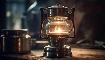oud fashioned lantaarn met gloeiend vlam, antiek metaal en hout omgaan met gegenereerd door ai foto