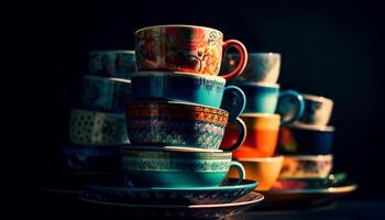 multi gekleurde keramisch koffie cups gestapeld Aan houten tafel binnenshuis gegenereerd door ai foto